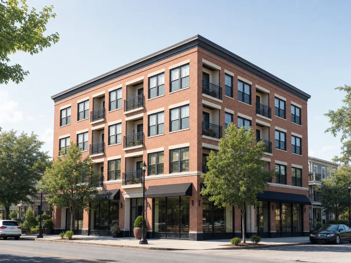 A mixed-use apartment building with ground-floor storefronts, the kind of investment property Elora Funding&rsquo;s lending partners finance
